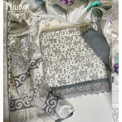 White and Grey Cotton Unstitched Suit