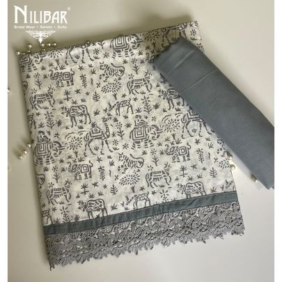 White and Grey Cotton Unstitched Suit
