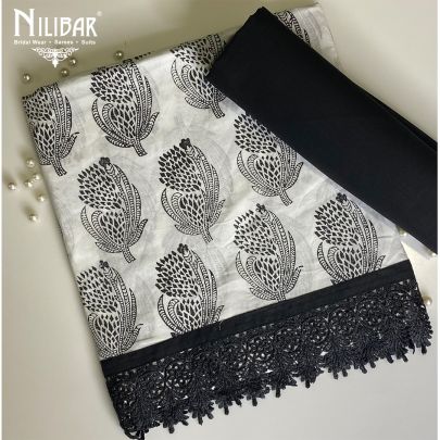 White and Black Cotton Unstitched Suit