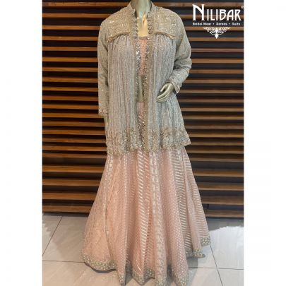 Grey and Pink Jacket Style Lehenga