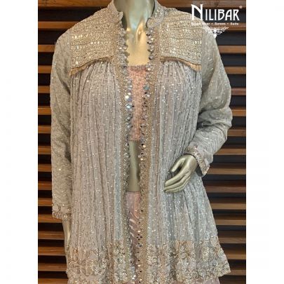 Grey and Pink Jacket Style Lehenga