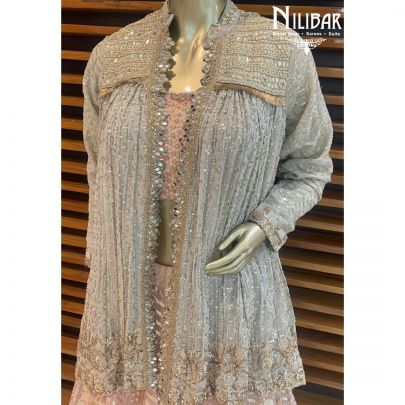 Grey and Pink Jacket Style Lehenga