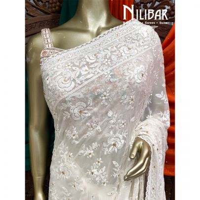 Pearl  White Georgette Saree