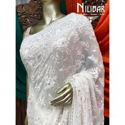 Pearl  White Georgette Saree