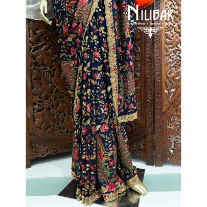 Indigo Blue Chinon Chiffon Saree