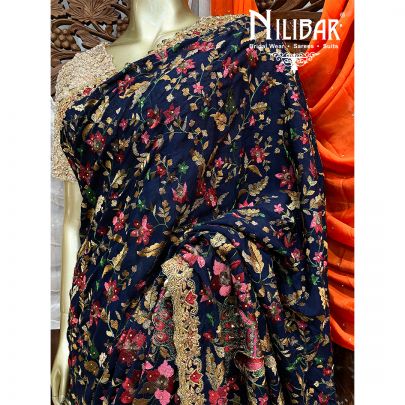 Indigo Blue Chinon Chiffon Saree