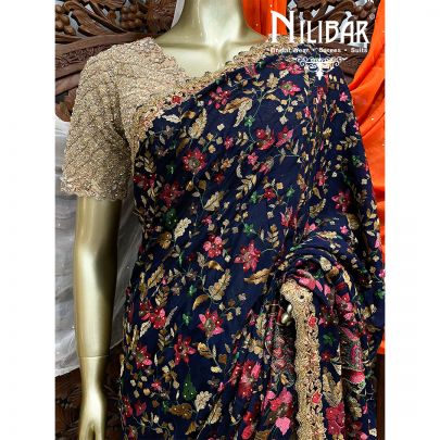 Indigo Blue Chinon Chiffon Saree