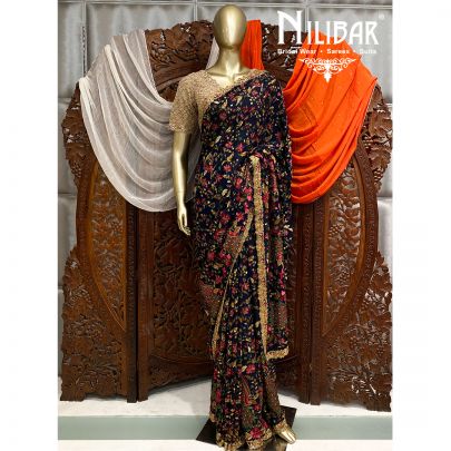 Indigo Blue Chinon Chiffon Saree