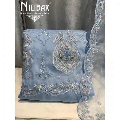Bluish Grey Organza Unstitched Suit