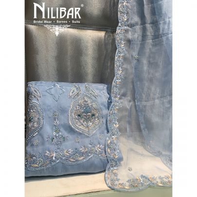 Bluish Grey Organza Unstitched Suit