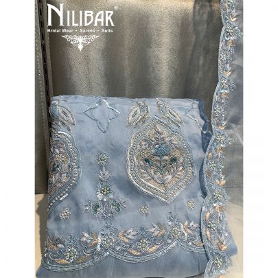 Bluish Grey Organza Unstitched Suit
