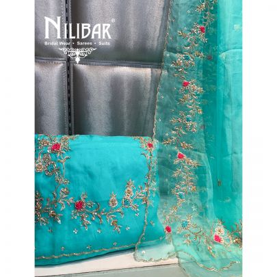 Aqua Green Organza Unstitched Suit 