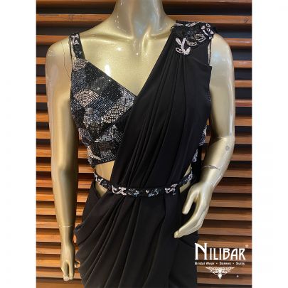 Black Lycra and Net Draped Saree