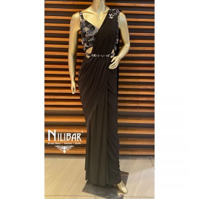 Black Lycra and Net Draped Saree