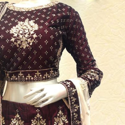 Wine Micro Velvet Bridal Lehenga