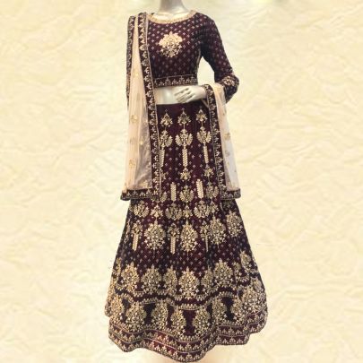 Wine Micro Velvet Bridal Lehenga