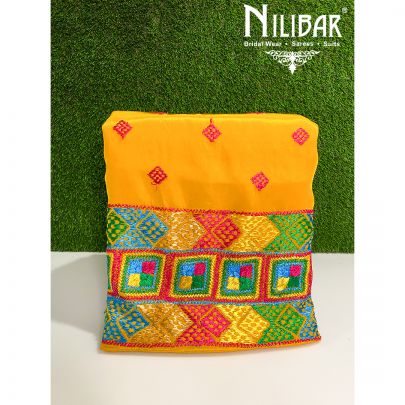 Yellow Crepe Phulkari Unstitched Suit