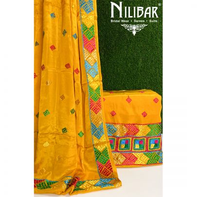 Yellow Crepe Phulkari Unstitched Suit