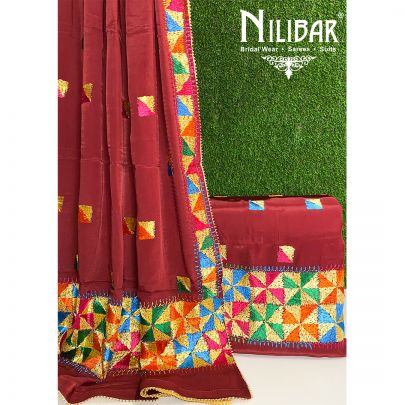 Maroon Crepe Phulkari Unstitched Suit