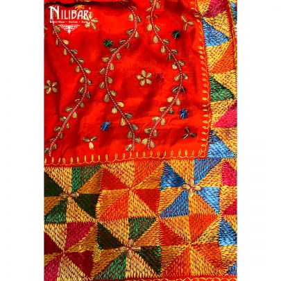 Red Crepe Phulkari Unstitched Suit 