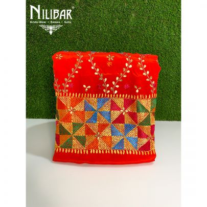 Red Crepe Phulkari Unstitched Suit 