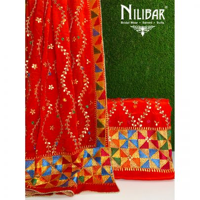 Red Crepe Phulkari Unstitched Suit 