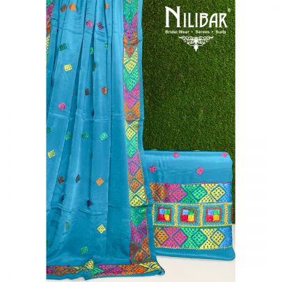 Blue Crepe Phulkari Unstitched Suit