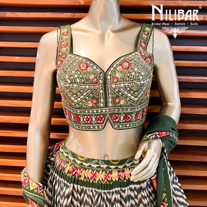 Dark Green Silk Printed Lehenga