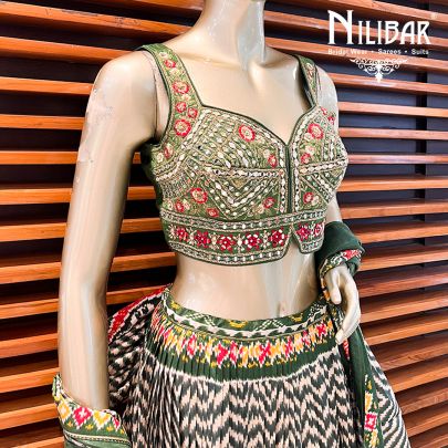 Dark Green Silk Printed Lehenga