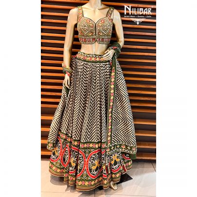 Dark Green Silk Printed Lehenga