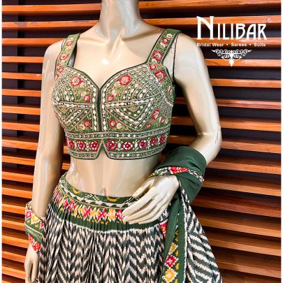 Dark Green Silk Printed Lehenga