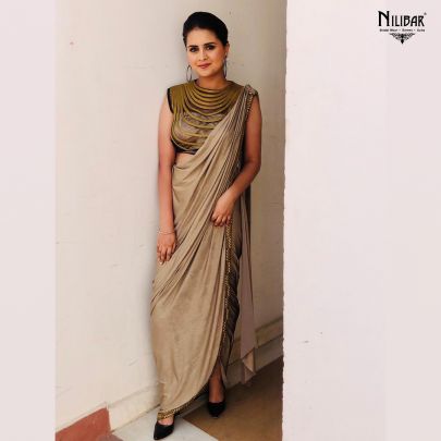 Golden Chantilly Net Draped Saree