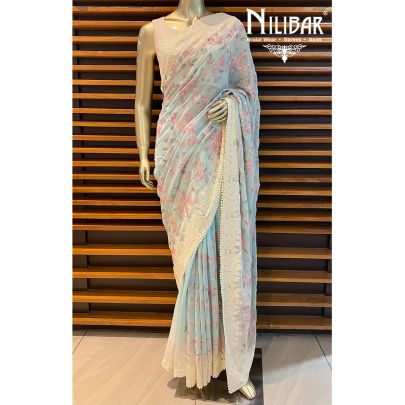 Baby Blue and White Georgette Saree