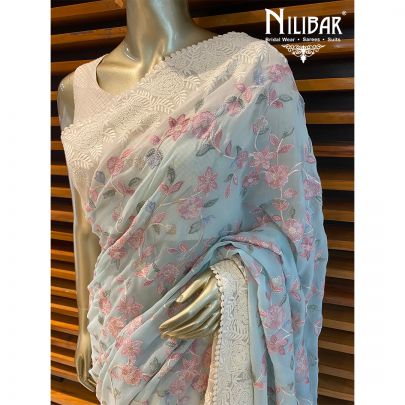 Baby Blue and White Georgette Saree