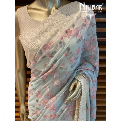 Baby Blue and White Georgette Saree