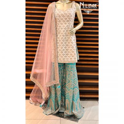 Cream and Turquoise Silk and Georgette Garara Suit