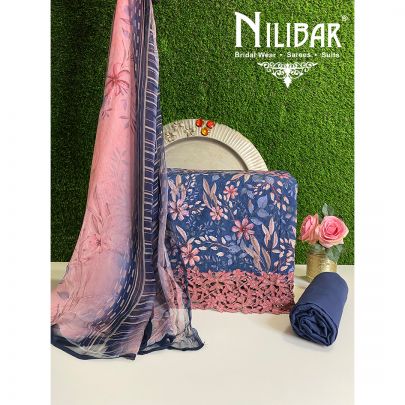 Blue Cotton and Chinon Unstitched Suit embelllished with Print work along with Chinon Foursidee Bordered Dupatta.