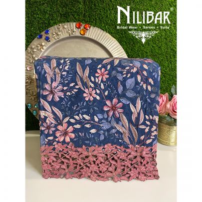 Blue Cotton and Chinon Unstitched Suit embelllished with Print work along with Chinon Foursidee Bordered Dupatta.