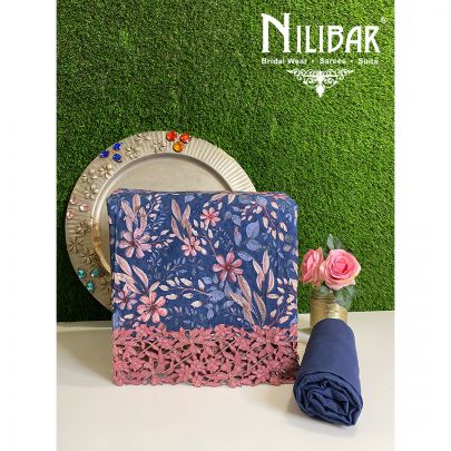 Blue Cotton and Chinon Unstitched Suit embelllished with Print work along with Chinon Foursidee Bordered Dupatta.