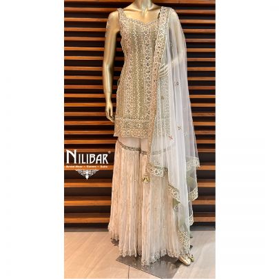 kale and White Silk and Georgette Garara Suit