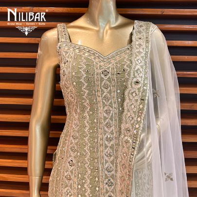 kale and White Silk and Georgette Garara Suit