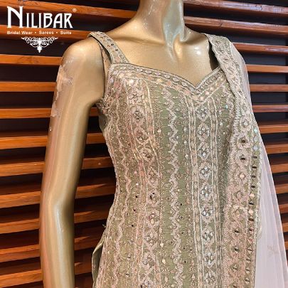kale and White Silk and Georgette Garara Suit
