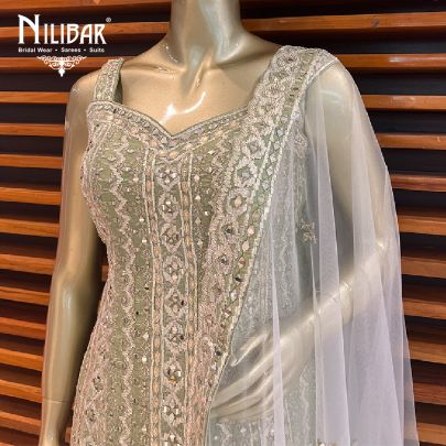 kale and White Silk and Georgette Garara Suit
