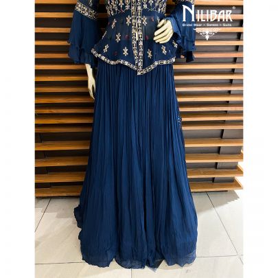 Navy Blue Chinon Peplum Lehenga