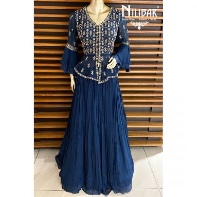 Navy Blue Chinon Peplum Lehenga