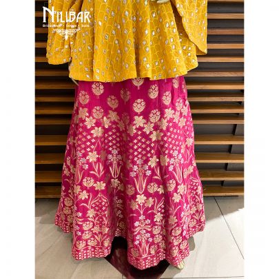 Yellow and Magenta Silk Peplum Lehenga