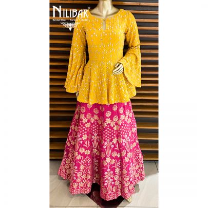 Yellow and Magenta Silk Peplum Lehenga