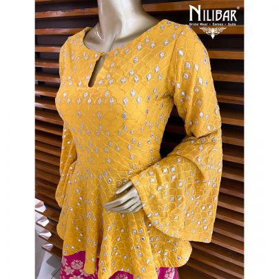 Yellow and Magenta Silk Peplum Lehenga