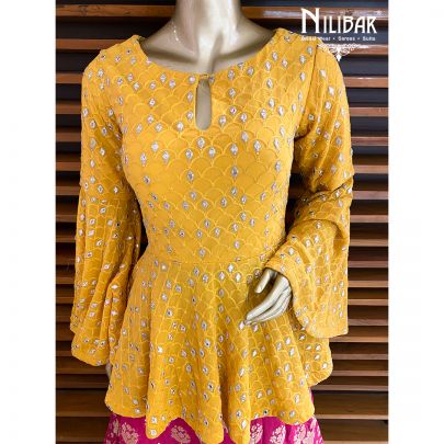 Yellow and Magenta Silk Peplum Lehenga