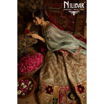 Moss Green and Mehroon Velvet Bridal Lehenga
